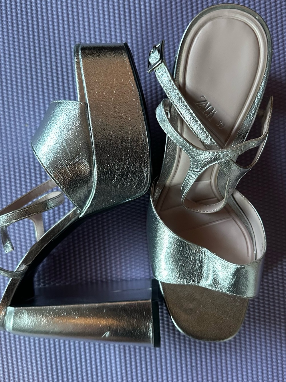 ZARA Metallic Gold Platform Block Heel Sandals Size 39